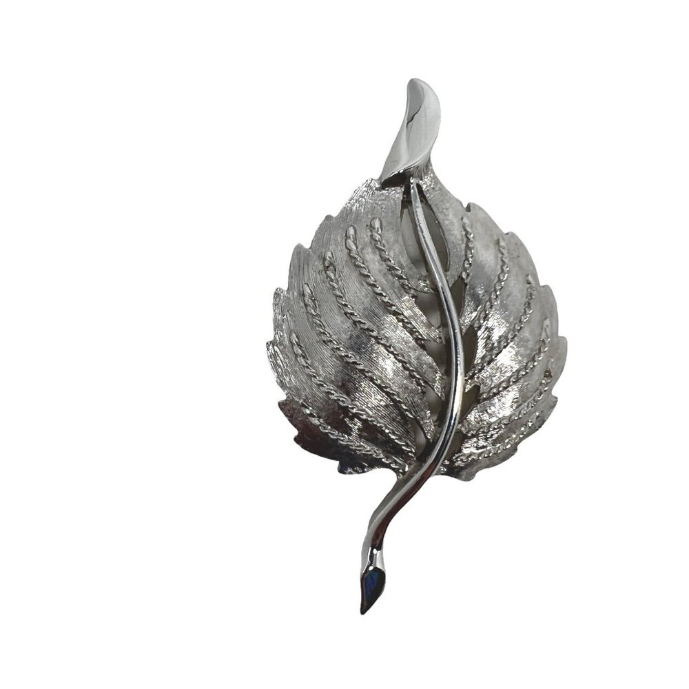 Monet Leaf Brooch Silver Tone‎ Brushed Textured Signed Vintage Pin